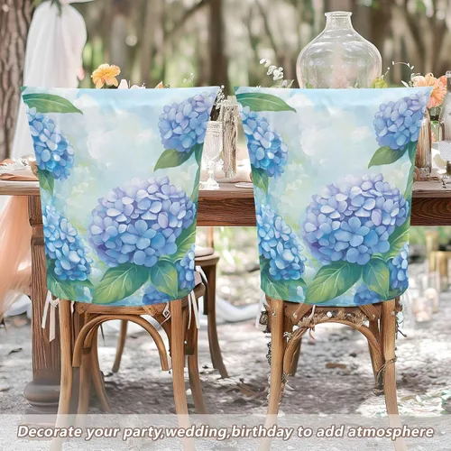 Vista 6 de Juego de 6 fundas decorativas para sillas decorativas de primavera con lema de hortensia azul para festivales (Pascua, graduación, etc.), fundas