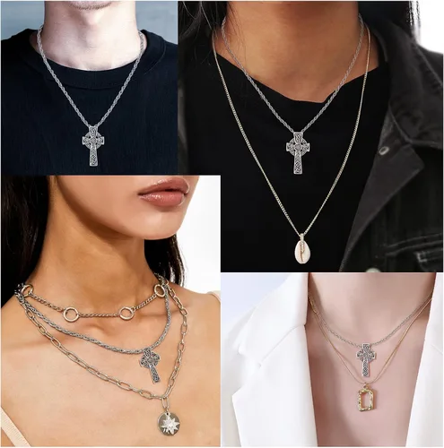 Vista 6 de TANGPOET - Collar de nudo celta de plata de ley con colgante de escudo de Asatru de buena suerte joyería irlandesa regalos para hombres mujeres