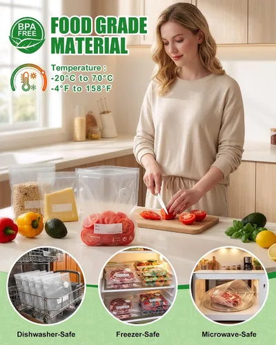 Vista 4 de RIWUSI 30 bolsas selladoras al vacío reutilizables para alimentos con válvula de aire y 10 clips de sellado, pequeñas (8.2 x 8.7 pulgadas), bolsas