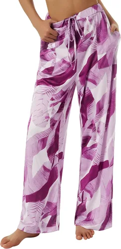 Vista 5 de CHAUKAREAUL Women Wide-Leg Trousers, Leaves Print Drawstring Elastic Waist Yoga Pants, SMLXLXXLXXXL