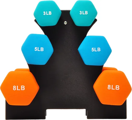 Vista 2 de Fitvids Juego de 6 mancuernas de neopreno, pesas de mano, juego con estante: 3/5/8 pares