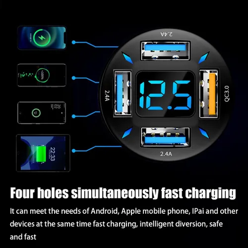 Vista 4 de Ankuee Cargador de coche USB de 4 puertos, carga súper rápida de 66 W con QC 3.0, PD 20 W y adaptador de cargador USB 2.4A, carga rápida con 2 pzas