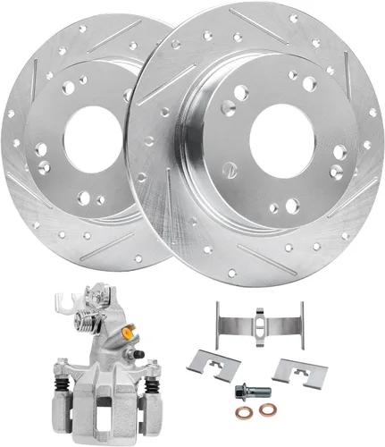 Vista 23 de Detroit Axle - Rotores de freno perforados traseros + repuesto de pinza de freno de disco trasera izquierda para Acura TL Honda Element - Juego de 3