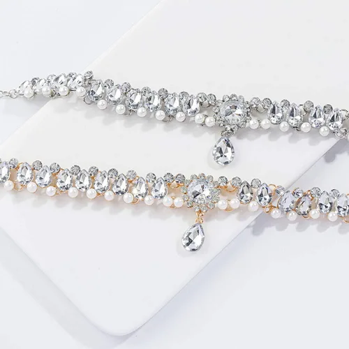 Vista 3 de Chmier Bohemia Rhinestone Choker Crystal Necklace Pearl Choker Wedding Jewelry Bridal Necklace Diamond Pendant Choker for Women and Girls