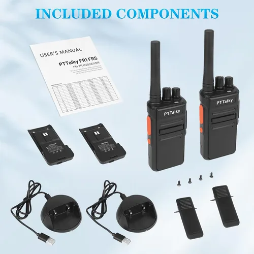 Vista 7 de Walkie Talkies FR1, radio recargable de 2 vías para adultos, mini 16 canales FRS manos libres con cargador USB-C para familia, escuela, iglesia