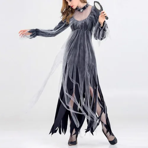 Vista 6 de Ropa gótica para mujer, disfraz de vampiro, disfraz de bruja oscura, disfraz de fantasma, disfraz de mascarada