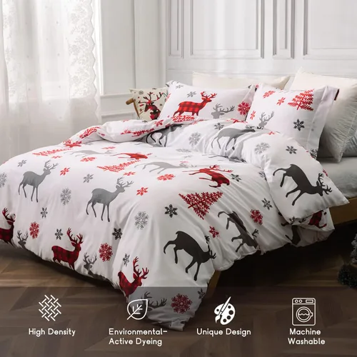 Vista 4 de MILDLY - Juego de funda de edredón de Navidad, tamaño King, microfibra suave, diseño de reno, copo de nieve, para regalos de Navidad
