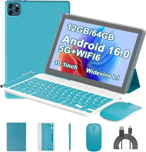 Vista 8 de Tablet Android 15 de 10 pulgadas, 12 (3+9) GB RAM+64GB ROM, tabletas 2 en 1 con funda de teclado y mouse Stylus, procesador de cinco núcleos de 1.8