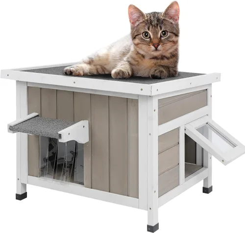 Vista 8 de Casa aislada para gatos al aire libre, aislada en invierno y termostática, casa para gatos al aire libre, madera maciza resistente a la intemperie