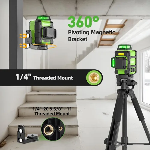 Vista 7 de Huepar Nivel láser 360 autonivelante, nivelador láser de línea cruzada verde recargable 3x360°, herramienta láser de nivel 3D para construcción