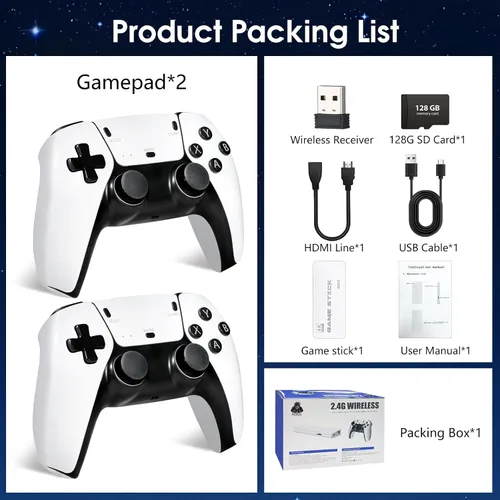 Vista 3 de 2025New Wireless Retro Game Console,40000+Games and 23 EmulatorsPlug and Play 4K HD HDMI TV Game Stickwith Dual 2.4G Wireless Controllers(128G) White