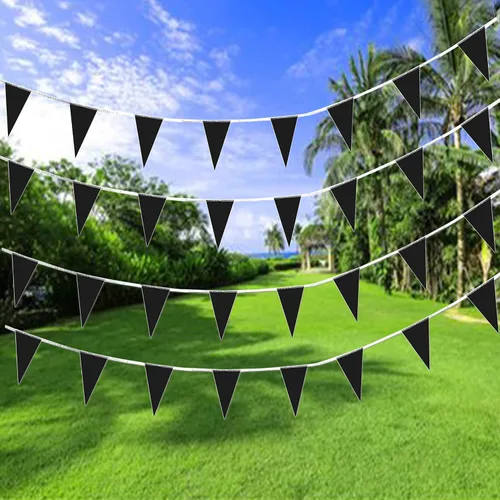 Vista 5 de Consummate Banderines negros de 100 pies con banderines colgantes triangulares para gran apertura, cumpleaños de niños, decoraciones de fiesta, 60