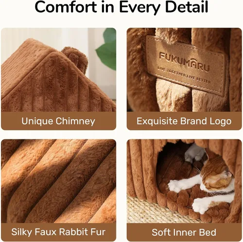Vista 7 de FUKUMARU Casas para gatos de interior, cueva linda y lavable para gatos con almohada removible, casa grande semi-cerrada y acogedora para perros