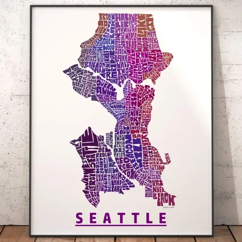 Vista 6 de Impresión del mapa del barrio de Seattle, impresión firmada de mi arte original de mapa de tipografía de Seattle dibujado a mano