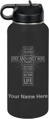 Vista 44 de LaserGram Botella de agua personalizada, versículo bíblico John 3-16, acero inoxidable de doble pared aislada al vacío con popote superior, regalo