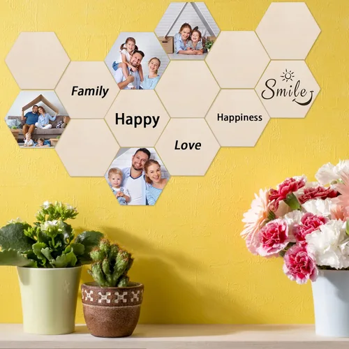 Vista 4 de 100 piezas de madera hexagonal sin terminar, recortes de madera en blanco con forma de hexágono, losas de madera natural, recortes