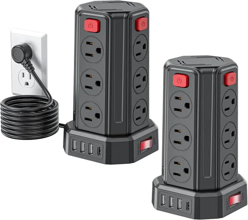 Vista 13 de Tira de alimentación con protector de sobretensiones, cable de extensión de 6.5 pies con 12 tomas múltiples de CA, 4 USB (1 USB C), estación de Negro