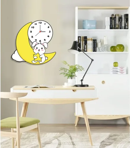 Vista 5 de Decorative Cartoon Moon Rabbit Wall Clock Creative Mute Wall Clock Battery Operated Silent Non-Ticking Clock for Kids Room School Decor Hotel Reloj