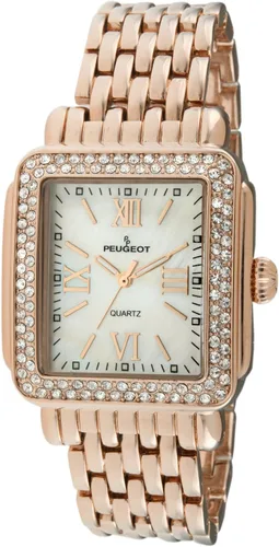 Vista 11 de Peugeot Reloj de vestir rectangular para mujer con bisel decorado de cristal, números romanos y pulsera