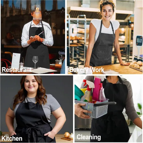 Vista 6 de Paquete de 2 delantales de talla grande, delantales de chef grandes negros con 2 bolsillos para hombres y mujeres, camarera, delantal de trabajo