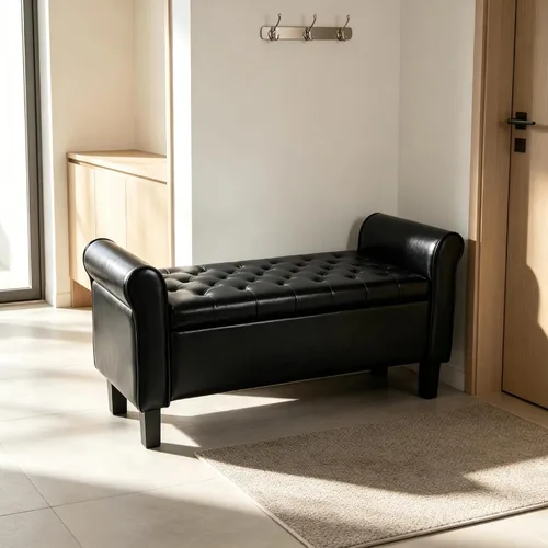 Vista 9 de 51 Inch Black Faux Leather Storage Ottoman Bench with Rolled Armrests Leather-black-51 Inch