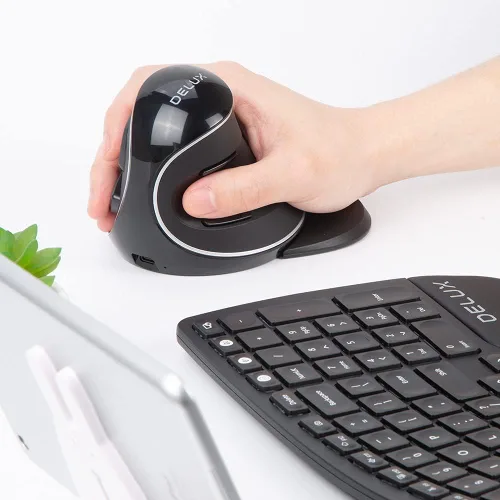 Vista 8 de DeLUX Mouse ergonómico inalámbrico con 4000 DPI, mouse vertical con receptor USB y BT1 + BT2, 6 botones y reposamanos extraíble para computadora
