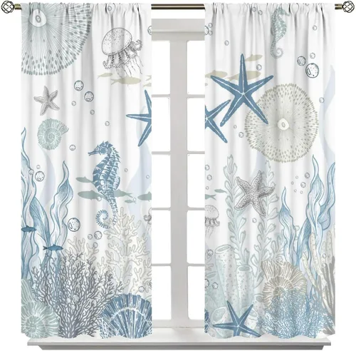 Vista 47 de Cortinas de decoración de playa con océano azul, peces náuticos costeros playeros de verano, conchas marinas, temática infantil, dormitorio, sala