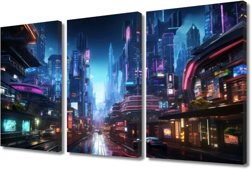 Vista 70 de Lienzo decorativo para pared de sala de estar, lienzo Cyberpunk, decoración de pared de 3 paneles, decoración de pared para el hogar, dormitorio