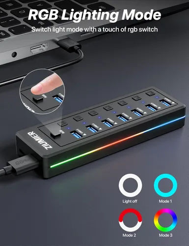 Vista 2 de Hub USB RGB, 7 puertos USB Splitter transferencia de datos para juegos, hogar, oficina, escuela USB 3.0 Hub with RGB LED Strip - Individual LED