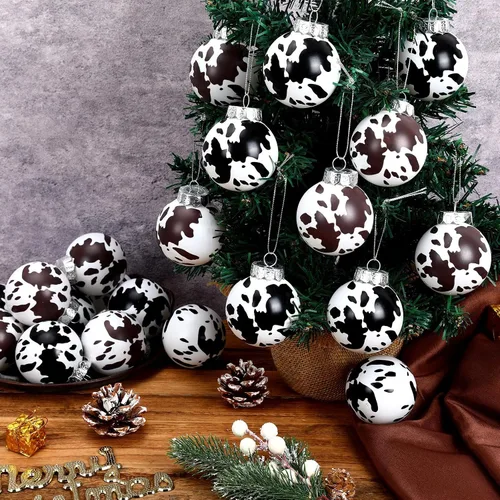 Vista 5 de JULMELON 24 piezas Adornos de esferas de Navidad con impresión de cuero de vaca, adornos de vaca occidentales, esferas colgantes inastillables