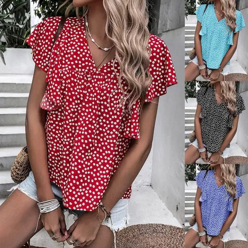 Vista 5 de Blusa plisada con cuello en V y estampado floral de margaritas de gasa para mujer