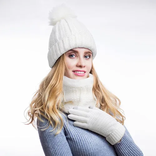 Vista 5 de 8 piezas de gorro de invierno cálido con pompón para mujer, gorro de punto calavera, calentadores de cuello, bufandas, guantes de punto