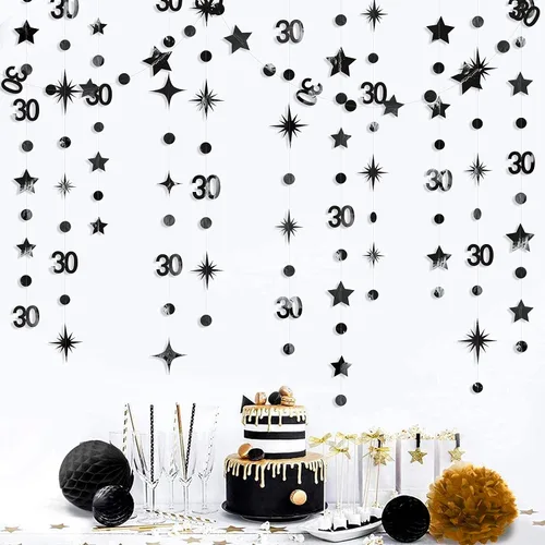 Vista 3 de Decoraciones negras de 30 cumpleaños número 30 círculo punto brillante guirnalda metálica colgante serpentina banderín banner telón de fondo