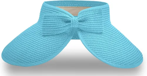 Vista 11 de Visera solar de paja para mujer, ala ancha, protección UPF 50+, sombrero de playa, ajustable, plegable, gorra de cola de caballo con correa