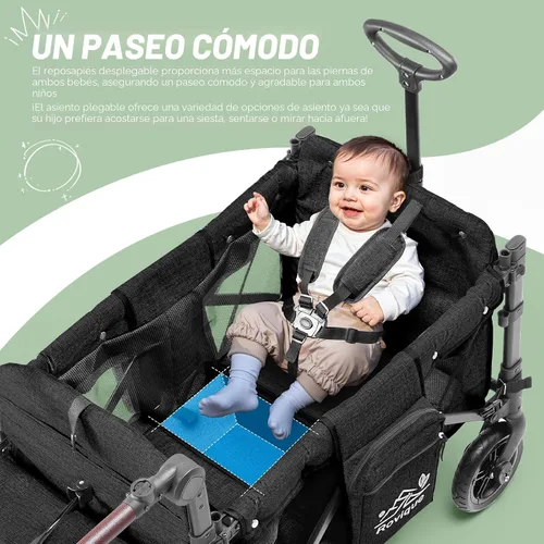 Vista 3 de Rovique Cochecito para 2 niños, carriola, vagón premium para niños Negro