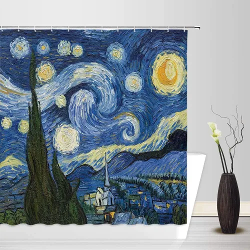 Vista 3 de Cortina de ducha pequeña, noche estrellada, pintura al óleo azul, arte abstracto, cielo azul, nube, estrella, luna, paisaje, RV, baño, decoración