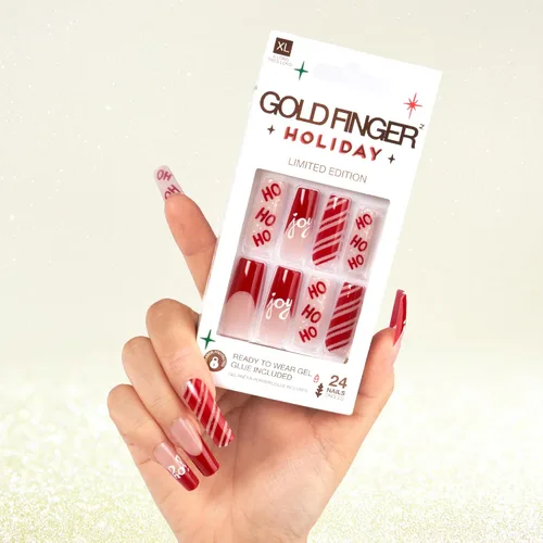 Vista 7 de Gold Finger 24 piezas de uñas postizas festivas – Uñas falsas de ataúd cuadrado, ovaladas, con punta francesa de Navidad, larga duración