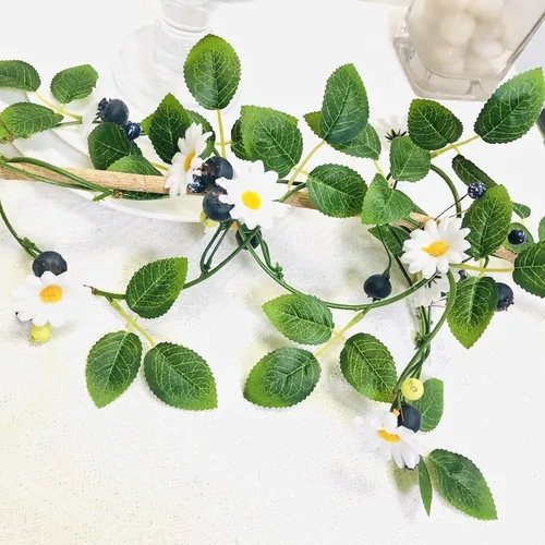 Vista 7 de Vid artificial de arándanos, margaritas blancas falsas, bayas y plantas, guirnalda para boda, jardín, oficina, hotel, fiesta, decoración artística