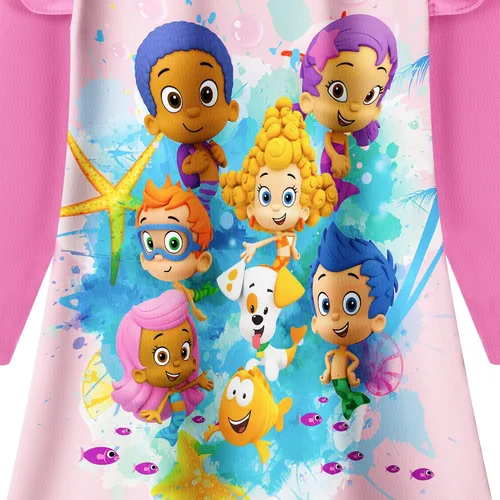 Vista 2 de Vestido de dibujos animados de burbujas para niñas pequeñas vestidos con estampado Guppy para niños vestido camisero de 3 a 6 años
