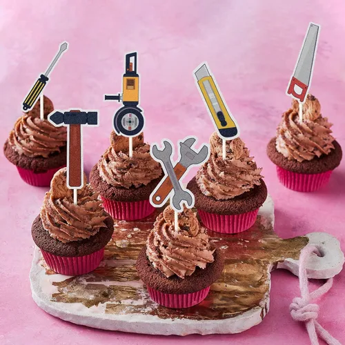 Vista 3 de Mechanic - Decoración para cupcakes, 18 piezas, herramientas para postres, suministros de fiesta de cumpleaños plateados/grises