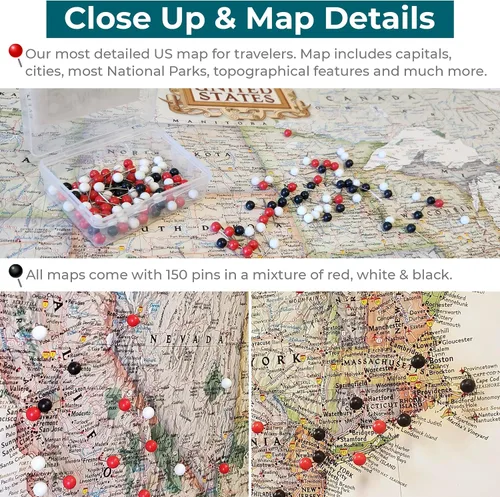 Vista 4 de Póster de lienzo enrollado personalizado con mapa de EE.UU. como arte de pared con chinchetas – Mapa ejecutivo grande de 24" x 36" de EE.UU.