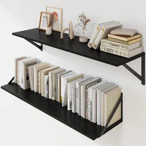 Vista 22 de Heimlove - Estantes flotantes negros profundos para pared, juego de 2 estantes de pared de madera de 16 pulgadas de ancho x 8 pulgadas