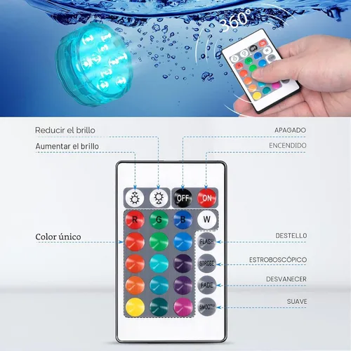 Vista 5 de YiaMia - Luces de bañera - 2 paquetes de luces LED RGB para piscina con batería, control remoto y ventosa para estanques, decoración, fiestas, spas