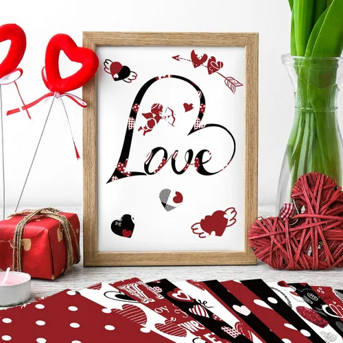 Vista 5 de Papel con Patrón de San Valentín de Doble Cara Papel Decorativo para Álbum de Recortes de San Valentín, Cartulina Roja y Negra con Corazones de Amor