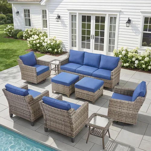 Vista 15 de Belord Sofá de patio exterior acolchado de 3 asientos de lujo de 6 pulgadas Cojín de mimbre marrón/beige de 6 pulgadas