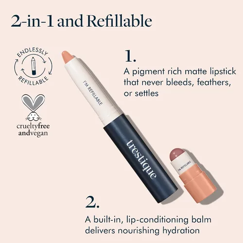 Vista 2 de TRE'STIQUE Lápiz labial mate, lápiz labial mate con bálsamo de brillo labial integrado, juego de delineadores de labios 2 en 1 con lápiz labial