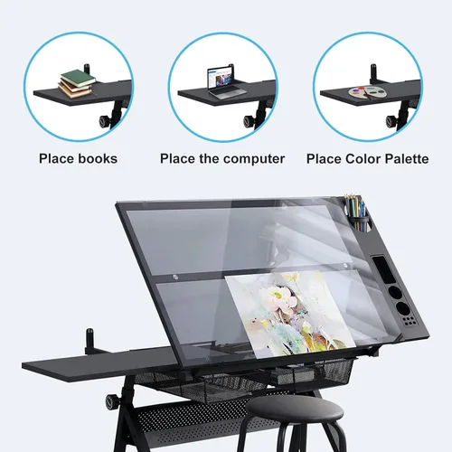 Vista 6 de Mesa de dibujo de dibujo de dibujo de altura ajustable, mesa de arte, manualidades, escritorio, mesa de vidrio inclinable, mesa de trabajo, mesa