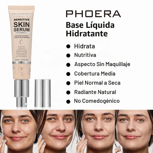 Vista 4 de PHOERA Base de suero hidratante, base de maquillaje hipoalergénica e impecable cobertura completa (N01 porcelana)