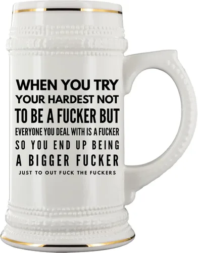 Vista 2 de Taza de cerveza inapropiada con refranes divertidos Fucker Mature Office Gag Jokes para compañeros de trabajo o amigos, humor grosero para adultos