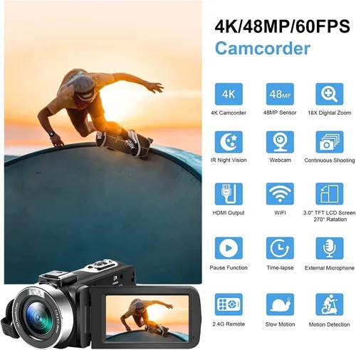 Vista 2 de Cámara de video 4K videocámara 48MP Vlogging Cámara para YouTube 60FPS 18X Zoom Cámara de vídeo digital con enfoque automático WiFi, cámara web